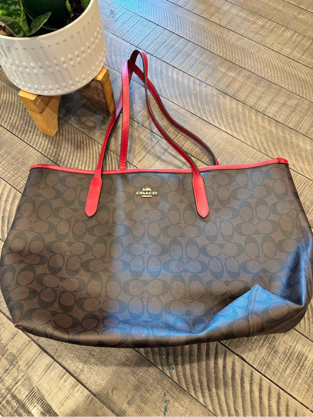 Coach Brown Signature Tote with Red Trim and Handles